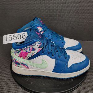Jordan 1 Mid Paint Stroke Shoes Womens Sz 8.5 Teal White Sneakers